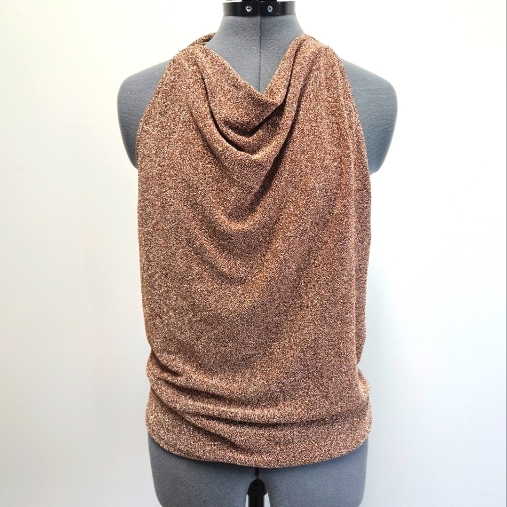 Cherish Vintage Y2K Metallic Gold Brown Halter Top Blouse Women's Large New
